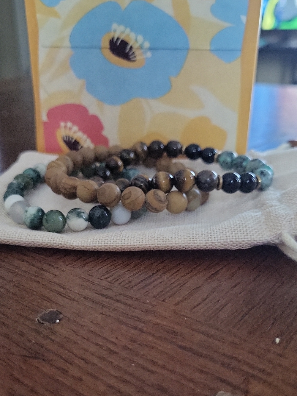 Natural Stone Beaded Stretch Bracelet Set - Green, Brown, Black